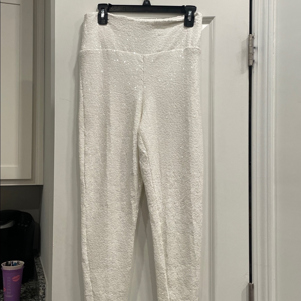 Tipsy Elves White Sequin fully lined full length fitted sparkle leggings